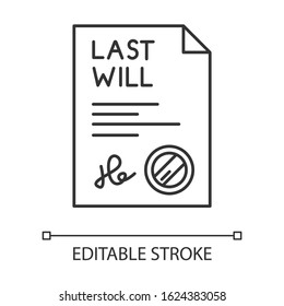 Signed last will pixel perfect linear icon. Document with stamp. Notarized testament. Legal paper. Thin line customizable illustration. Contour symbol. Vector isolated outline drawing. Editable stroke