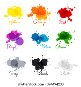 signed the names of colors. colorful watercolor drops.  hand-written name of the color yellow, orange, red, purple, blue, green, grey, black, white. art