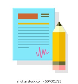 Signed office document with pencil isolated. Paper sheet with pencil pen. Office document page, note paper, stationery accessory, paperwork. Business strategy, search for solutions concept. Vector