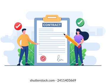 contrato de venta de papel firmado banner de vector de ilustración plana, contrato comercial, contrato de inicio, adecuado para banner de sitio web, página de inicio, 