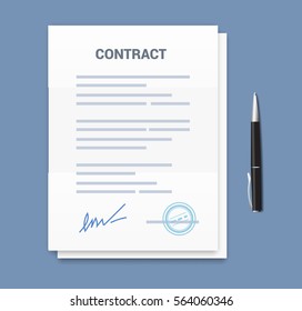 signed paper deal contract icon. Agreement and pen isolated on the blue background.