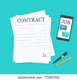 Signed paper deal contract icon agreement pen on desk flat business illustration vector