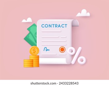 Signed paper deal contract with percent icon agreement. 3D Vector Illustrations.