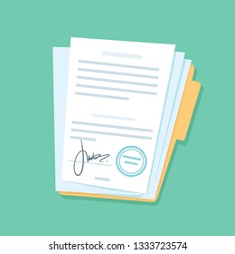 Signed paper documents. Manual signature on important office papers, stamped documentation files in files folder. Contract conditions, research approval validation document vector illustration