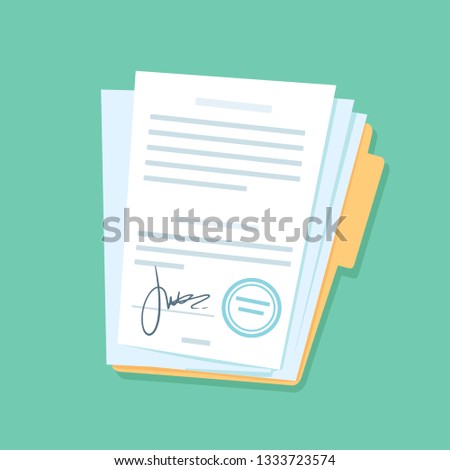 Signed paper documents. Manual signature on important office papers, stamped documentation files in files folder. Contract conditions, research approval validation document vector illustration