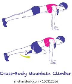 Signed Sports Silhouettes Of Woman Doing Exercises .Cross Body Mountain Climber