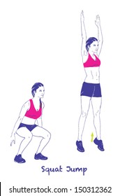 Signed Sports Silhouettes Of Woman Doing Exercises..Squat Jump