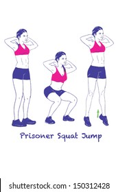 Signed Sports Silhouettes Of Woman Doing Exercises Squat Jump