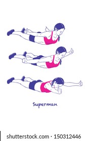Signed Sports silhouettes of woman doing exercises.Superman excersice