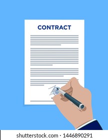 Signed and stamped contract paper icon. Modern flat style vector illustration isolated on a blue background. - Vector