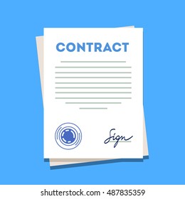 Signed and stamped contract paper icon. Modern flat style vector illustration isolated on a blue background.