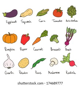 Signed vegetables drawings icon set on white background