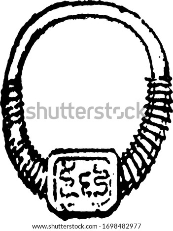 Signet Ring has a square revolving bezel, vintage line drawing or engraving illustration.
