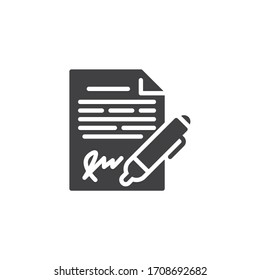 Signing agreement contract vector icon. filled flat sign for mobile concept and web design. Legal document signature pen glyph icon. Symbol, logo illustration. Vector graphics