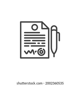 Signing agreement document line icon. linear style sign for mobile concept and web design. Contract and pen outline vector icon. Symbol, logo illustration. Vector graphics