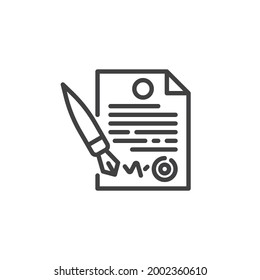 Signing agreement document line icon. linear style sign for mobile concept and web design. Contract and pen outline vector icon. Symbol, logo illustration. Vector graphics