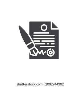 Signing agreement document vector icon. filled flat sign for mobile concept and web design. Contract and pen glyph icon. Symbol, logo illustration. Vector graphics