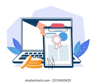 Signing agreements or contracts online. Digitally sign documents, contracts, and agreements with security, flat vector illustration isolated on white. Electronic signature or digital contract.
