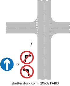 Signing arrangement at unsignalled junction where left and right turns are prohibited, road signs in the United Kingdom