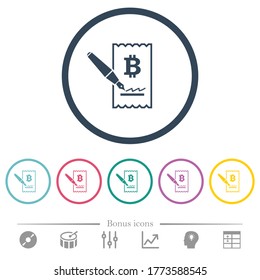 Signing Bitcoin cheque flat color icons in round outlines. 6 bonus icons included.