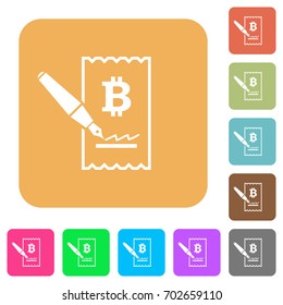 Signing Bitcoin cheque flat icons on rounded square vivid color backgrounds.