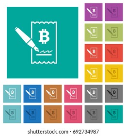 Signing Bitcoin cheque multi colored flat icons on plain square backgrounds. Included white and darker icon variations for hover or active effects.