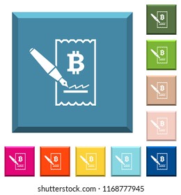 Signing Bitcoin cheque white icons on edged square buttons in various trendy colors