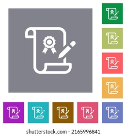 Signing certificate flat icons on simple color square backgrounds