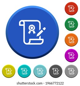 Signing certificate round color beveled buttons with smooth surfaces and flat white icons