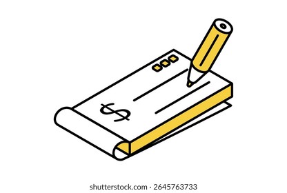 Assinando um checkbook ícone de desenho de linha simples, ilustração isométrica do método de pagamento tradicional e documentação financeira, Ilustração de vetor