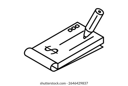 Assinando um checkbook ícone de desenho de linha simples, ilustração isométrica do método de pagamento tradicional e documentação financeira, preto e branco, Ilustração de vetor