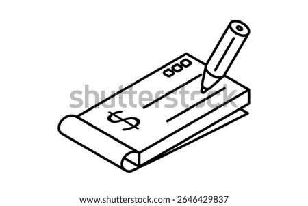 Signing a checkbook simple line drawing icon, isometric illustration of traditional payment method and financial documentation, black and white, Vector Illustration