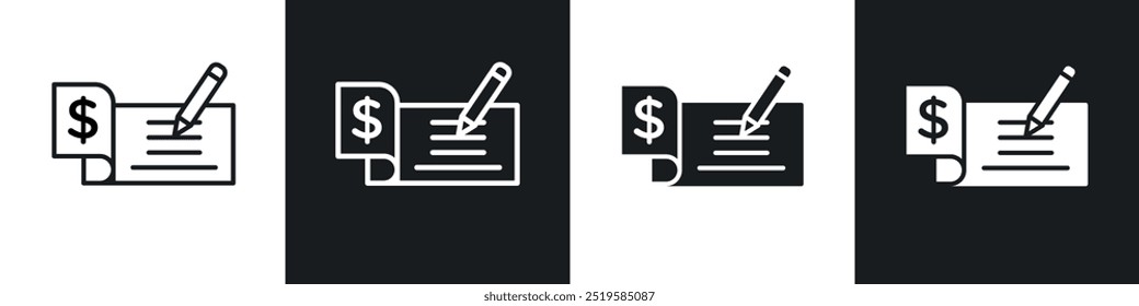 Signing cheque icon collection in black and white filled and stroke line style.