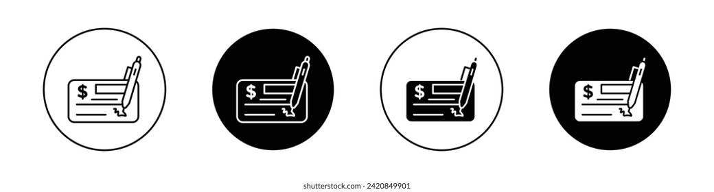 Signing Cheque Icon set. Banking Payment checkbook Service Vector Symbol in Black Filled and Outlined Style. Financial Transaction Signature Sign.