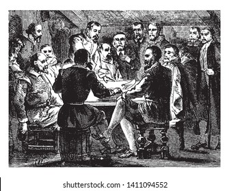 Signing of the Compact between saints and the strangers inside the Mayflower,vintage line drawing or engraving illustration.