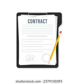 Signing the contract. Contract agreement, memorandum of understanding, legal document stamp, concept for web banners, websites, infographics. Pencil agreement contract icon. Vector illustration