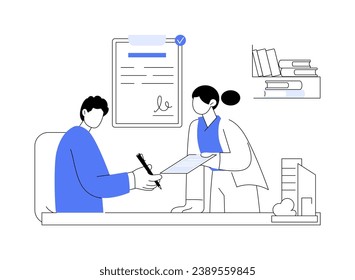 Signing contract with architect abstract concept vector illustration. Building company owner makes a deal with a professional architect, commercial construction firm abstract metaphor.