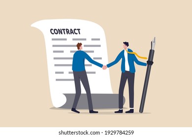 Signing contract, business deal or partnership, banking loan, investment contract or job offer agreement concept, success businessman handshake with client holding pen ready to sign agreement contract