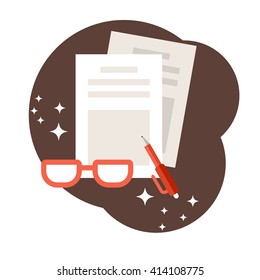 Signing of a contract. Business documents, glasses and pen. Flat style vector illustration