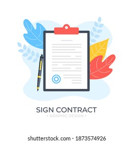 Firma del contrato. Portapapeles y documento con sello y lápiz. Resumen de diseño moderno y plano. Ilustración del vector