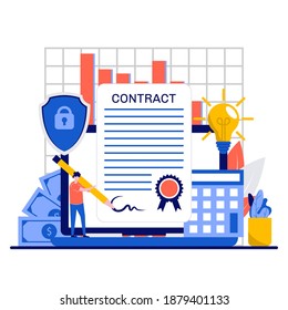 Signing a contract concept with character. Businesspeople sign an agreement online flat vector illustration. Digital signature, e-signature into legal document metaphor. Can use for landing page idea.