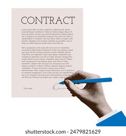 Signing the contract concept. Filling out a contract. Halftone collage woman's hand writing with a pen on a paper page. Business agreement. Contemporary mixed media art. Vector illustration.