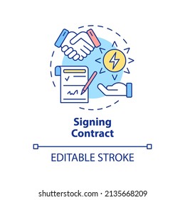 Signing contract concept icon. Business deal. Power purchase agreement work abstract idea thin line illustration. Isolated outline drawing. Editable stroke. Arial, Myriad Pro-Bold fonts used