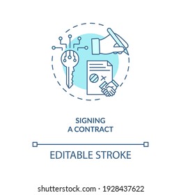 Signing a contract concept icon. Contract lifecycle steps. Agreeing to terms between two different companies idea thin line illustration. Vector isolated outline RGB color drawing. Editable stroke