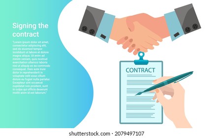 Firma del contrato.El concepto de negocio remoto.Firma electrónica y transacción en línea.La gente firma un acuerdo con un apretón de manos.Afiche en estilo comercial.Ilustración vectorial plana.