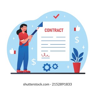 Signing contract concept. Young girl with pencil fills out document. Successful negotiations, businessman makes deal with investor. Partnership and financial literacy. Cartoon flat vector illustration