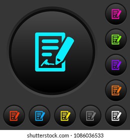 Signing contract dark push buttons with vivid color icons on dark grey background