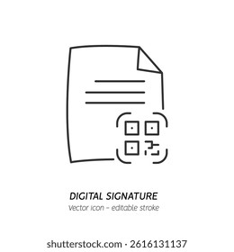 Signing contract with digital pen on phone icon. Digital signature, business contract, electronic contract, e-signature pictogram. Vector illustration flat outline icon. Editable stroke