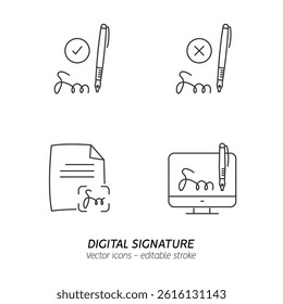 Signing contract with digital pen on phone icons set. Digital signature, business contract, electronic collection, e-signature concept. Vector illustration flat outline icons. Editable stroke
