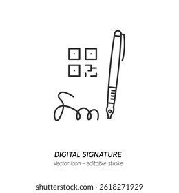 Signing contract with digital pen on phone icon. Digital signature, business contract, electronic contract, e-signature pictogram. Vector illustration flat outline icon. Editable stroke